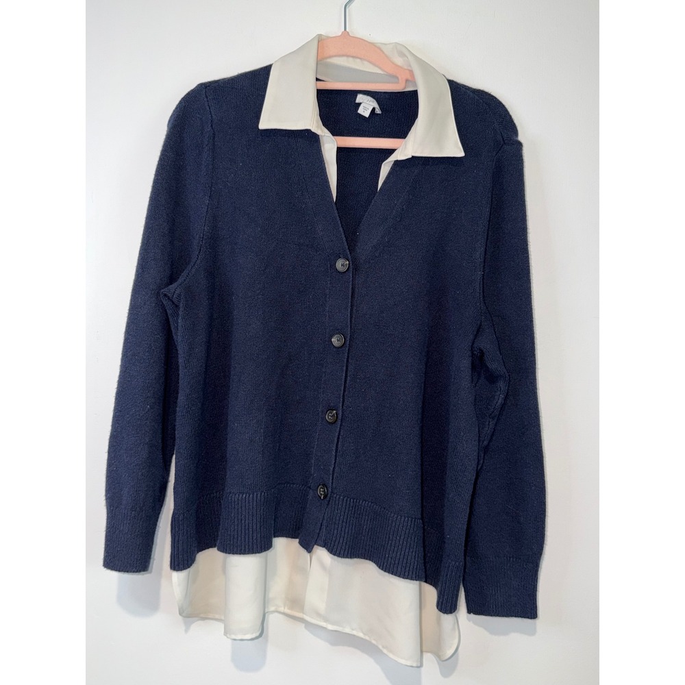 J. Jill Navy Blue Layered Look Cardigan Sweater White Collar Twofer XL